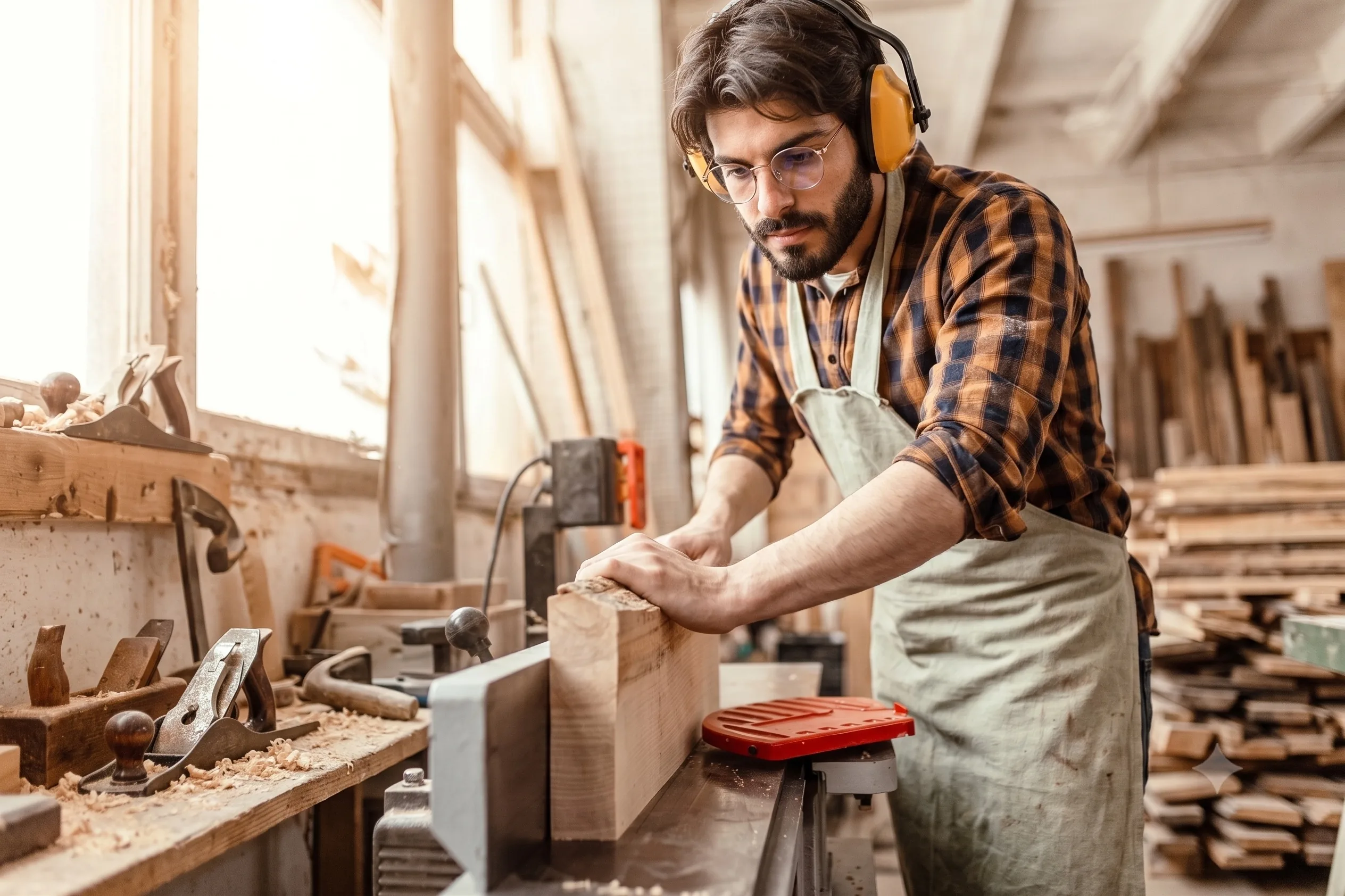 Gianluca Robello al lavoro con la pialla in bottega